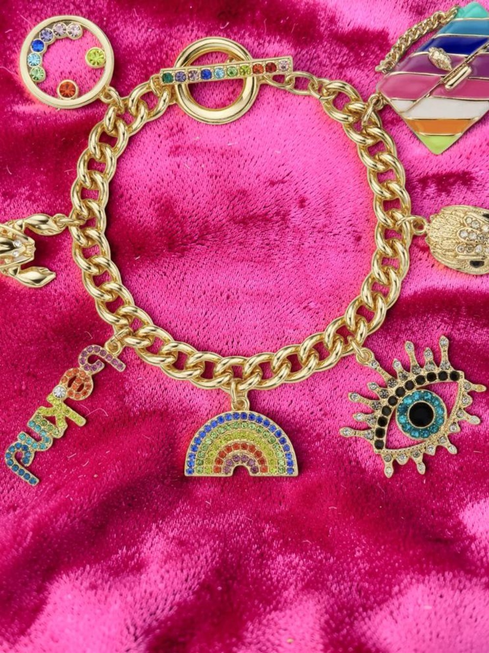 Kurt Geiger NWT Gold-Tone Rainbow & Sun Charm Bracelet with Pink Accents (J164)